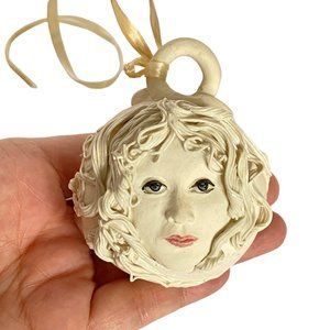 Womens Face Handmade Bisque Ceramic Round Christmas Ornament Signed Roxie